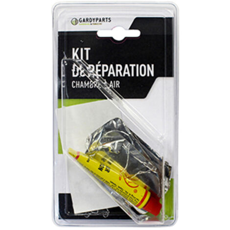kit réparation pour chambre à air shak comprenant 4 rustines de diamètre 20mm et 1 rustine de 45x25mm, avec colle et abrasif.