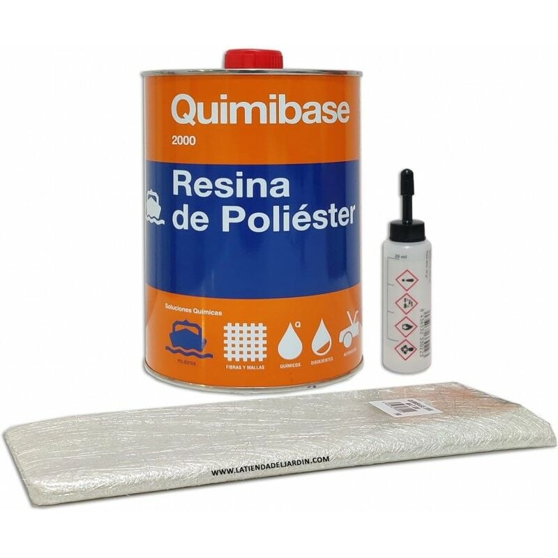 Suinga - Kit Résine Polyester 1 kg pour réparations (Résine 750 g + Tissu en fibre de verre 1 m2 Mat-300 + Catalyseur de peroxyde 20 g)