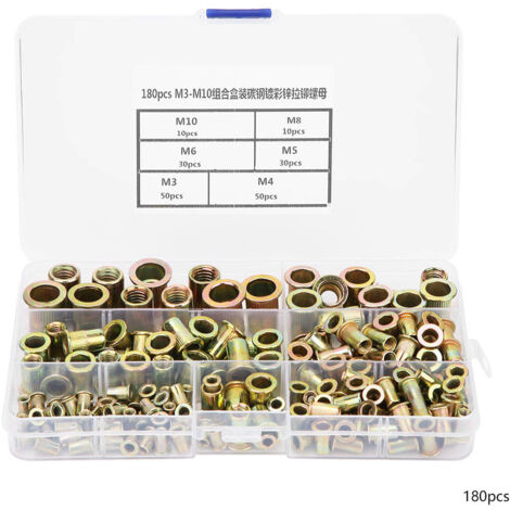 Kit Rivet Nut M3-M10 Zinc Plated Carbon Steel Flat Head Rivet Nutsert 180pcs
