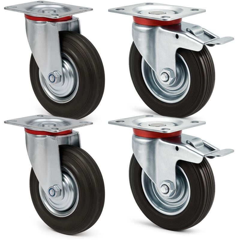 Kit 4x Roulette – 2x Pivotantes double arrêt et 2x Pivotantes – Diamètre 200 mm – Capacité 150 kg/roue – Charge lourde, Caoutchouc plein Transport