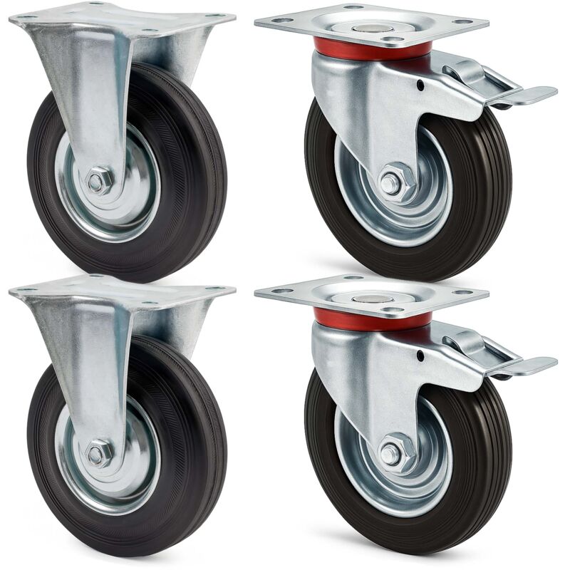 Wiltec Kit 4x Roulette – 2x Pivotantes double arrêt et 2x Fixes – Diamètre 75 mm – Capacité 50 kg/roue – Charge lourde, Caoutchouc plein Transport