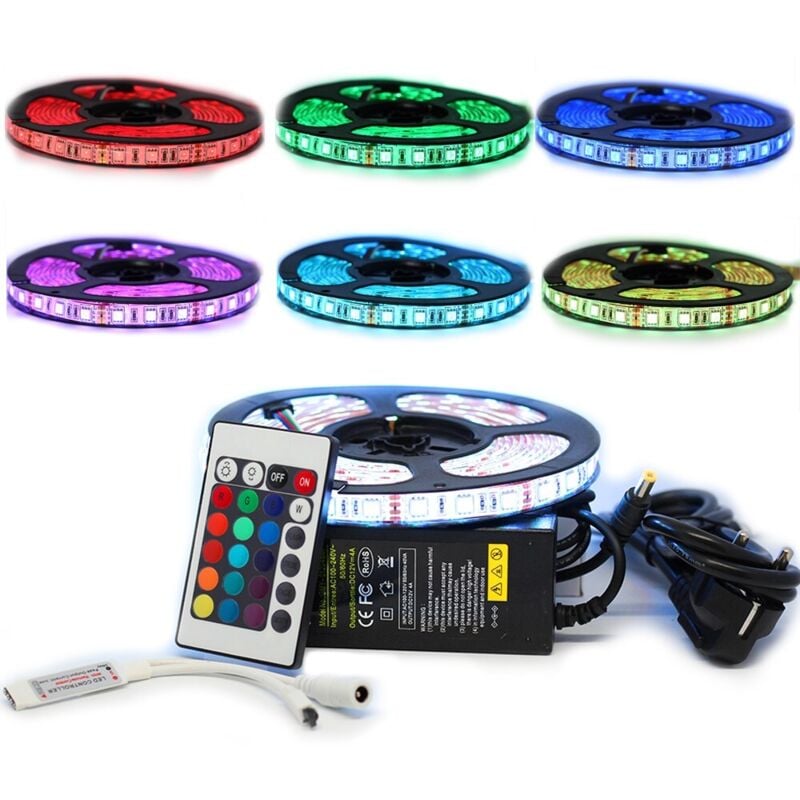 Kit ruban Professionnel 5050 - 60 LED/m - 5 mètres rgb (IP65) avec contrôleur rf et transformateur