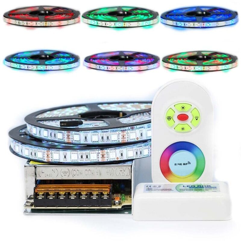 Kit ruban Professionnel 5050 - 60 LED/m - 10 mètres (2x5m) RGB anti-éclaboussure (IP65) avec contrôleur radio et transformateur Longueur: 10