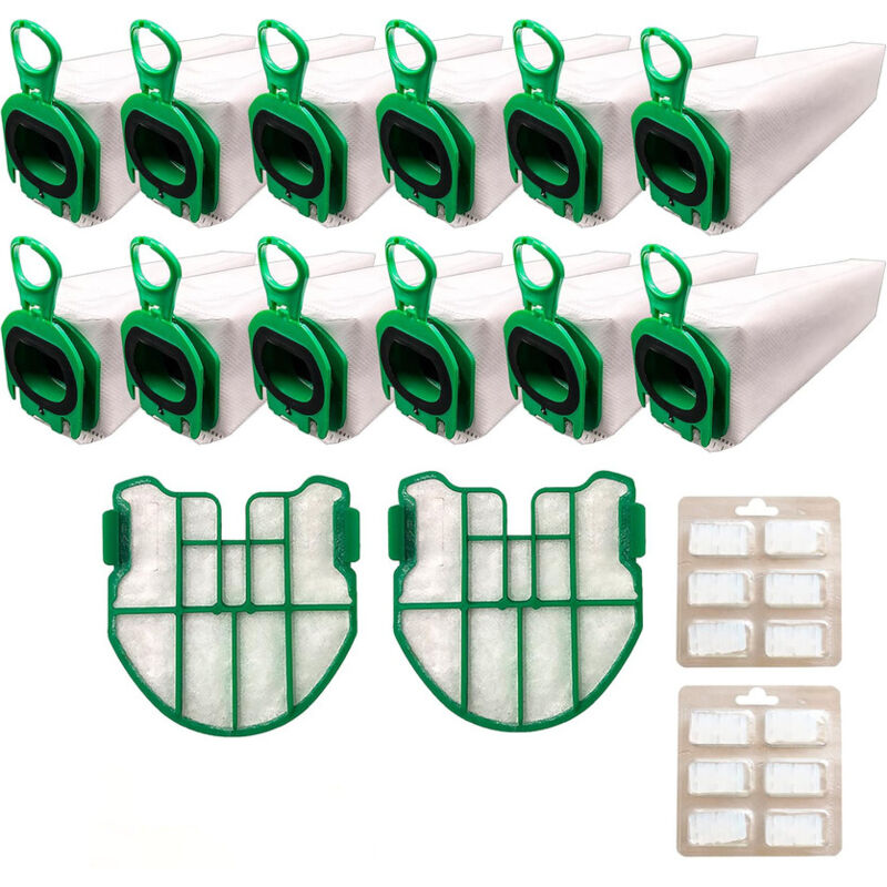 Kit sac aspirateur compatible pour Vorwerk Folletto VB100 FP100-12 sacs + 2 filtres moteur + 12 parfums