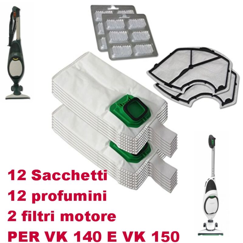 KIT Sacchetti Folletto VK 140 VK 150 12 Sacchetti profumini 2 Griglie filtro VO