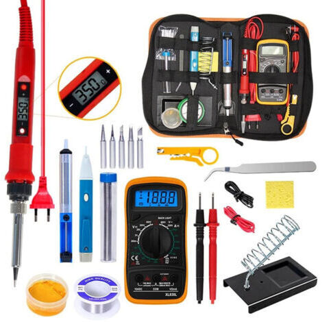 Kit saldatore LCD da 80 W, temperatura 180–480 °C, 5 punte, pompa dissaldante, filo, supporto, pinzette elettroniche