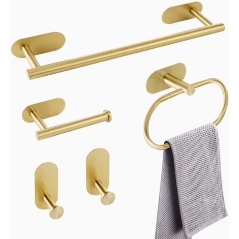 Kit Salle de Bain 5 Pièces - Accessoires en Acier Inoxydable SUS304, Barres et Anneaux Porte-Serviette Dorés sans Perçage