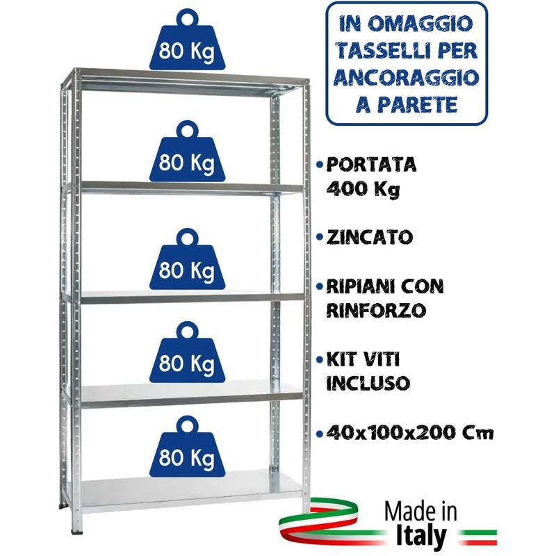 Image of Kit scaffale scaffalatura metallo zincato 5 ripiani rinforzo 100x40x200 400 Kg