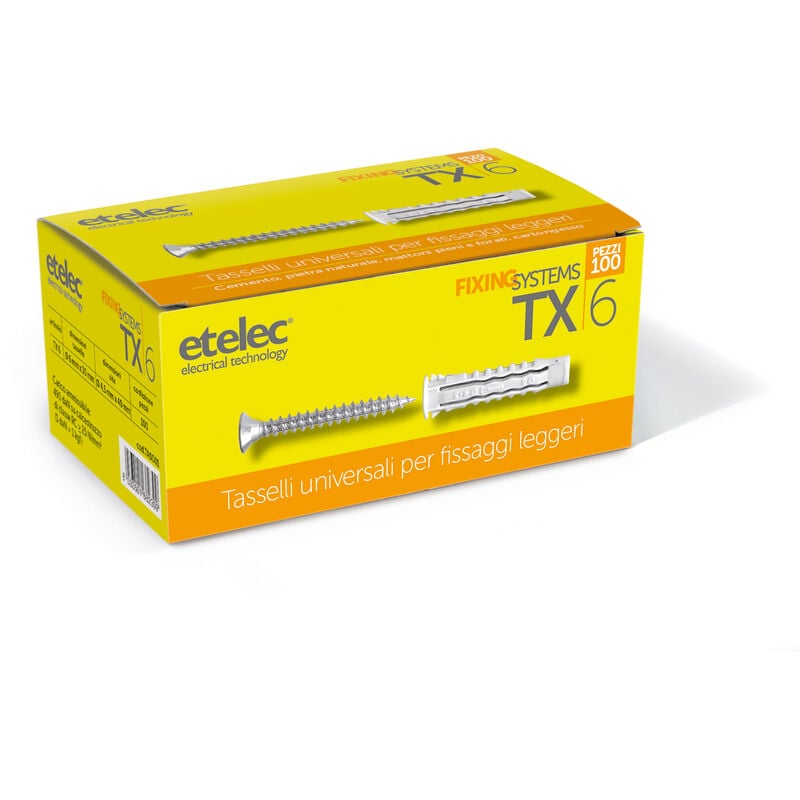 Image of Etelec - Kit Scatola 100 Tasselli Universali TX6 Nylon 6X30 mm Vite 4,5x40 mm TA0001