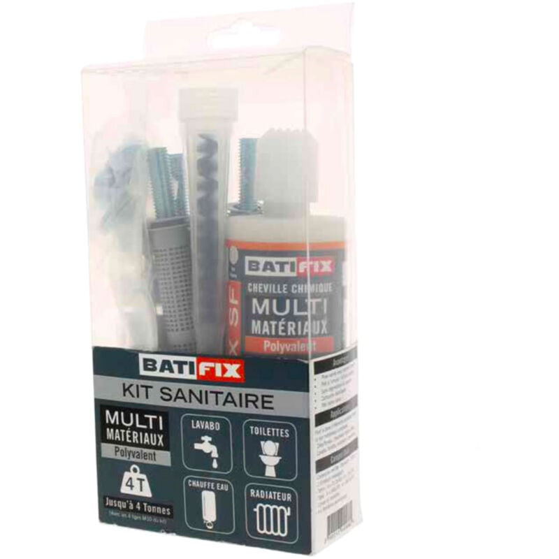 Kit scellement chimique Kitchim Sanit Pl 165Ml - 4Tam 12X50/16X130 - 4Tig 6X70/10X160 - 4Exc M10 - 2Can