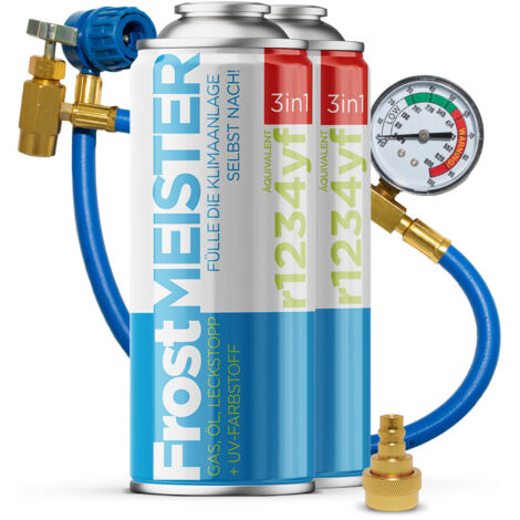 KIT SELF-SERVICE PER ARIA CONDIZIONATA FROSTMEISTER 3in1 400ml - 2x Bombolette R1234yf + Tubo con manometro + Adattatore