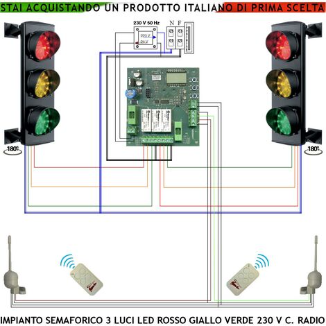 Kit Semaforo Parcheggio 24 Led Rossi Gialli e Verdi 230 V 50 Hz 3 W CE IP65 Funzioni Controllate da 2 Radioriceventi 2 Radiocomandi 433 MHz Tempi Regolabili da 3 a 240" Transito Veicoli Rampa Garage