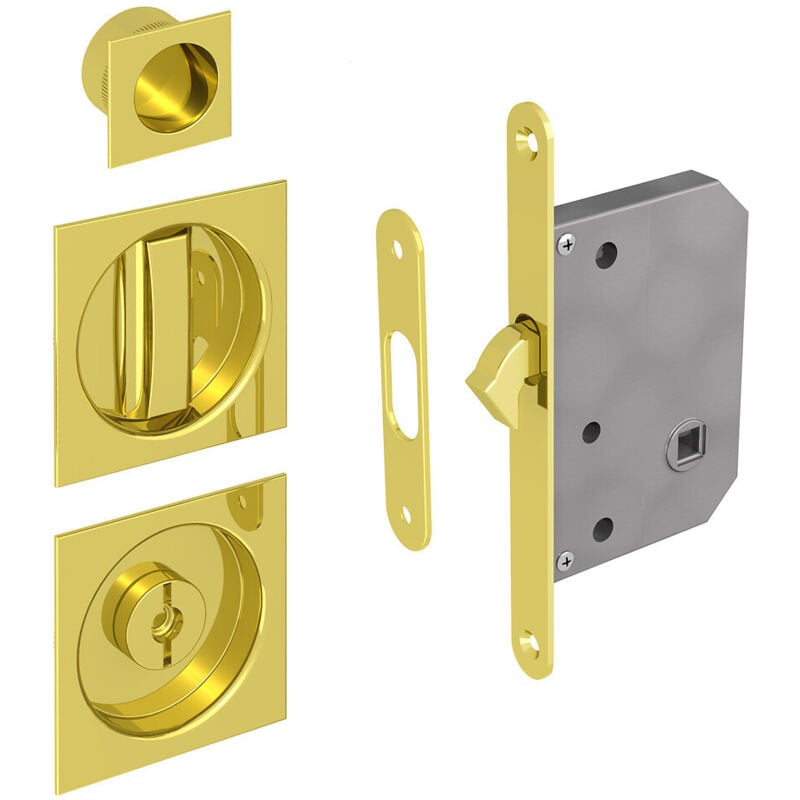 Kit serrure à condamnation, poignée carrée, acier finition doré