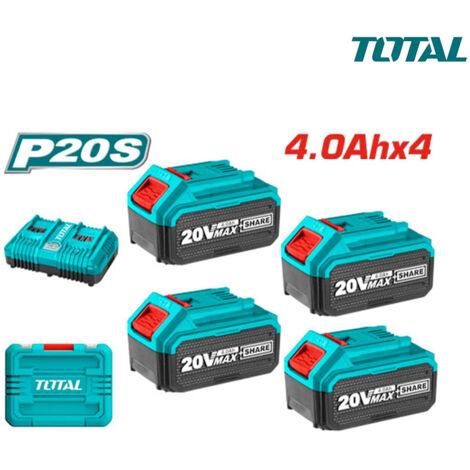 KIT SET 4PZ BATTERIE 4Ah + CARICABATTERIE RAPIDO DOPPIO P20S IONI AL LITIO TOTAL