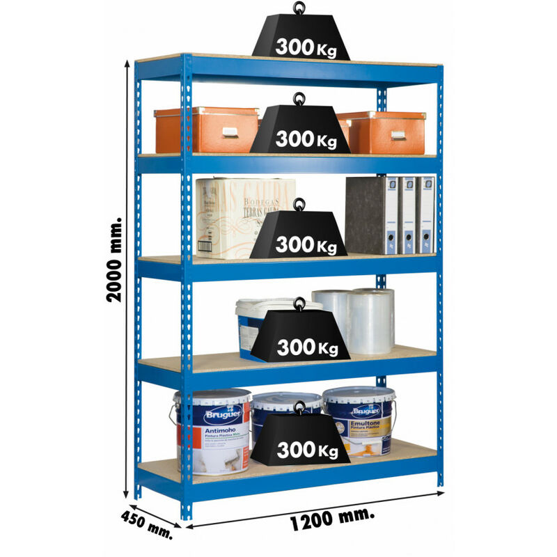 

Estantería metálica 200X120X45cm. azul 300Kg P/B Chipboard 5 baldas