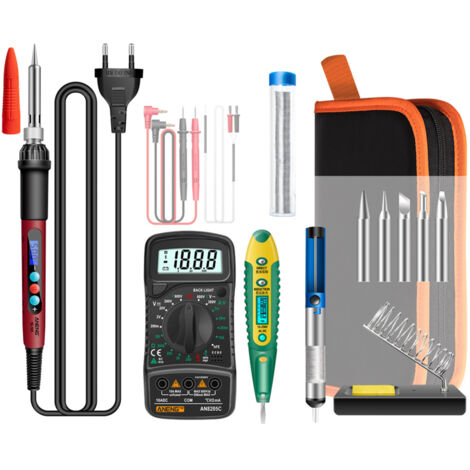 Kit SL103 de 16 mini soldadores eléctricos con pantalla LCD, temperatura ajustable de 180 °C a 500 °C, 60 W, multímetro, lápiz de prueba, extractor de estaño e hilo de estaño.