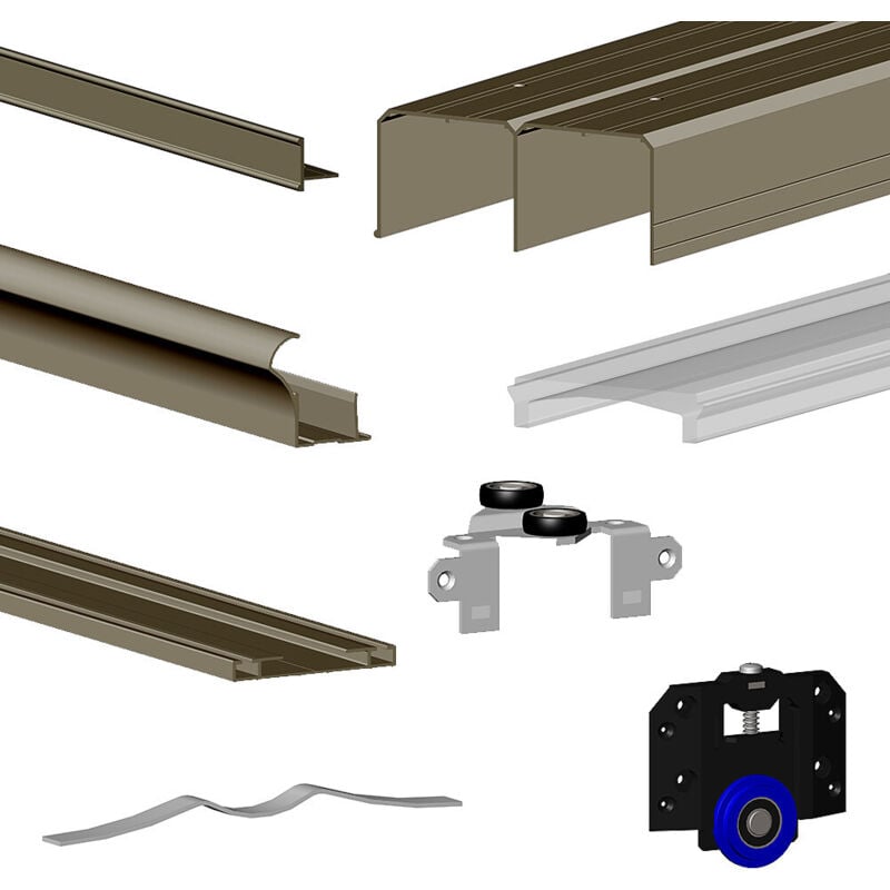 Kit SLID'UP 280 aluminium anodisé bronze pour 3 portes de placard coulissantes 18 mm - rail 3 m - 50 kg