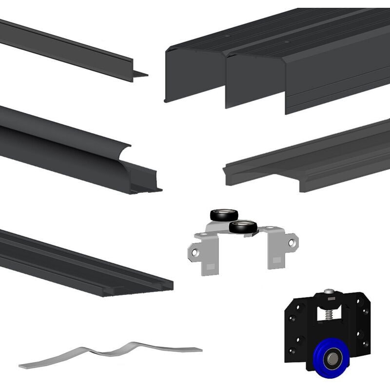 Kit slid'up 280 aluminium anodisé noir pour 3 portes de placard coulissantes 18 mm - rail 3 m - 50 kg