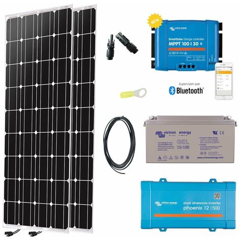 Kit solaire 2 x 150w autonome 12v mono + convertisseur 230v/500va