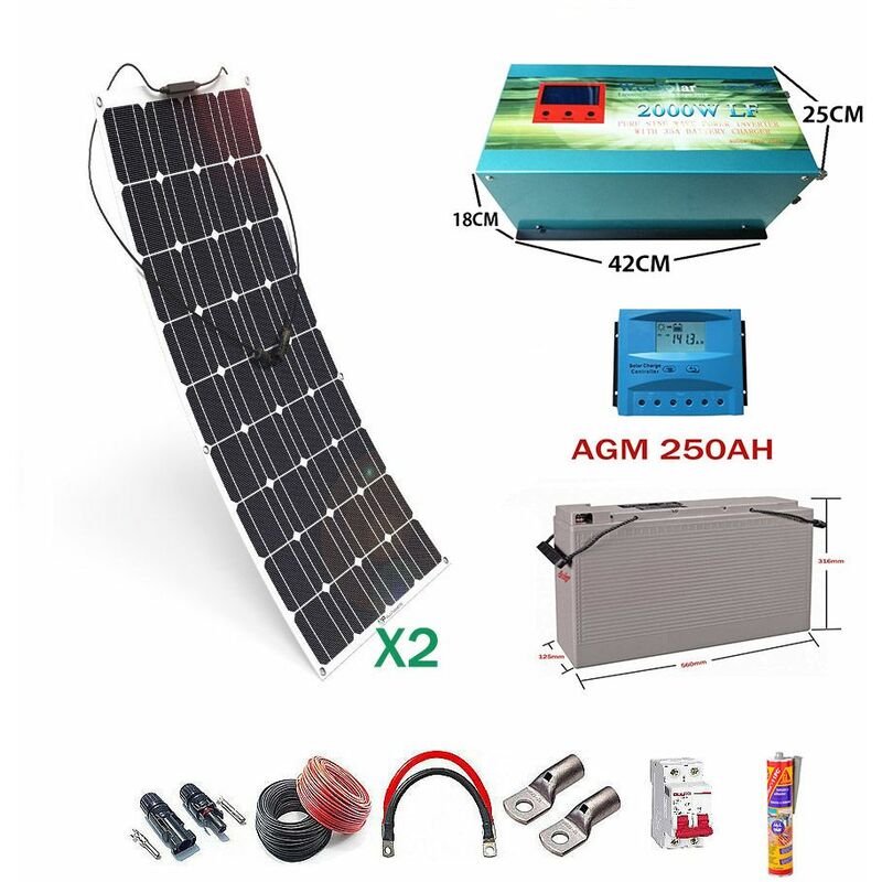 

Kit solar 12v Panel Solar Flexible 150W Inversor 2000w con Cargador 35A dos paneles con bateria AGM 250ah