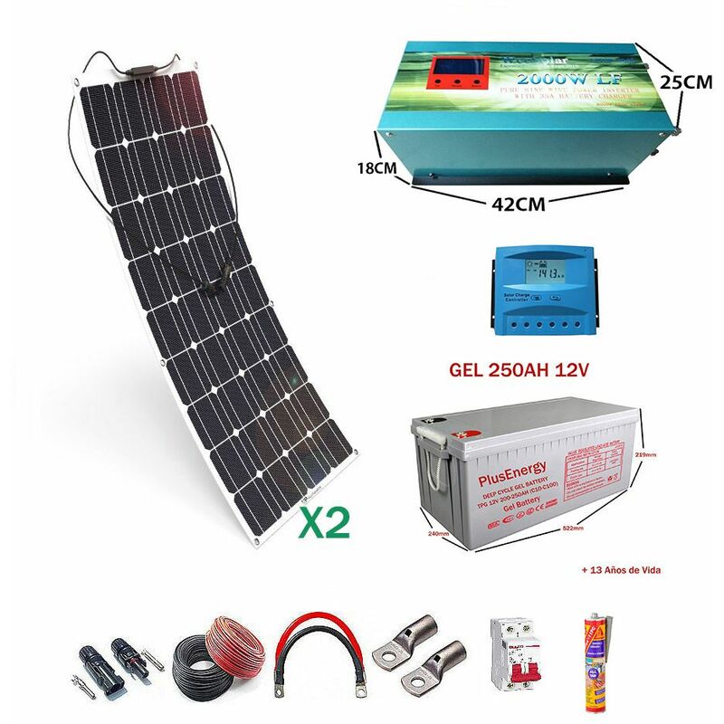 

Kit solar 12v Panel Solar Flexible 150W Inversor 2000w con Cargador 35A dos paneles con bateria Gel 250ah