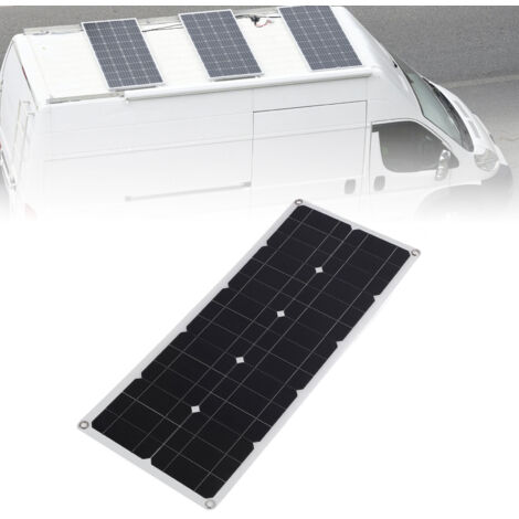 Kit solar monocristalino de 100 W con controlador de carga, cargador OBD con protección contra sobretensiones, puertos USB de 5 V/2 A y USB-C para uso en camping y automóvil.