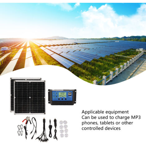 Kit solar portátil de 50 W con panel monocristalino y regulador de 60 A, 2 puertos USB, ideal para acampar.