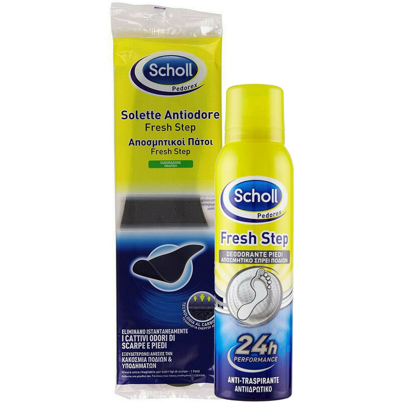 scholl - kit solette antiodore misura unica ritagliabile con deodorante spray fresh per scarpe 150m