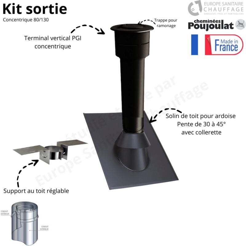 Kit sortie de toit ardoise concentrique pgi pente 30 à 45 degrés Poujoulat Diamètre conduit concentrique ∅ 80/130