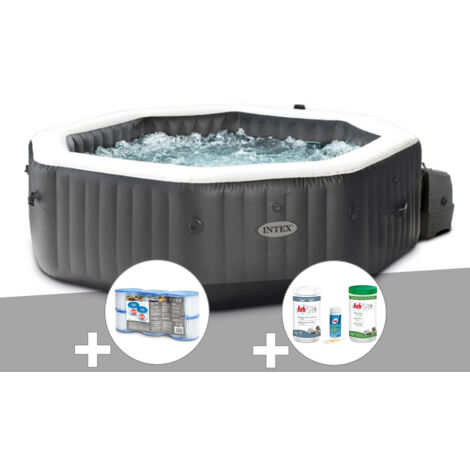 Kit spa gonflable Intex PureSpa Carbone octogonal Bulles et Jets 4 places + 12 filtres + Kit traitement brome