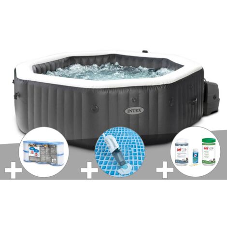 Kit spa gonflable Intex PureSpa Carbone octogonal Bulles et Jets 4 places + 12 filtres + Kit traitement brome + Aspirateur