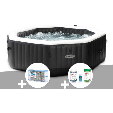 Kit spa gonflable Intex PureSpa Carbone octogonal Bulles et Jets 6 places + 12 filtres + Kit traitement brome