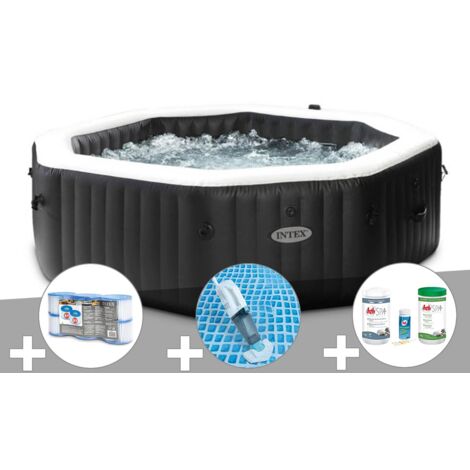 Kit spa gonflable Intex PureSpa Carbone octogonal Bulles et Jets 6 places + 12 filtres + Kit traitement brome + Aspirateur