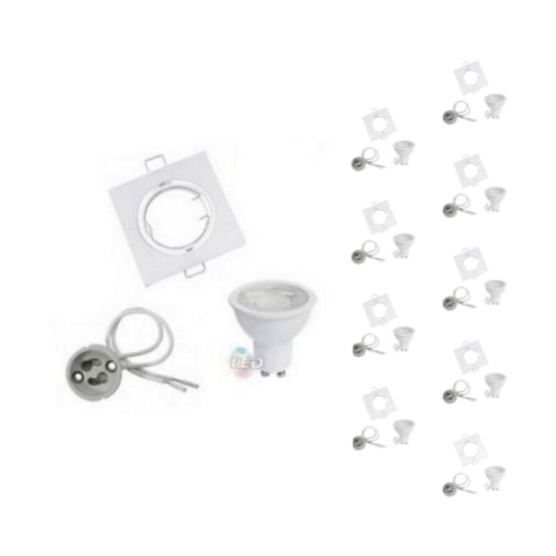 Kit Spot led GU10 Orientable Carré Blanc avec Ampoule led 8W (Pack de 10) - Blanc Froid 6000K - 8000K Silamp