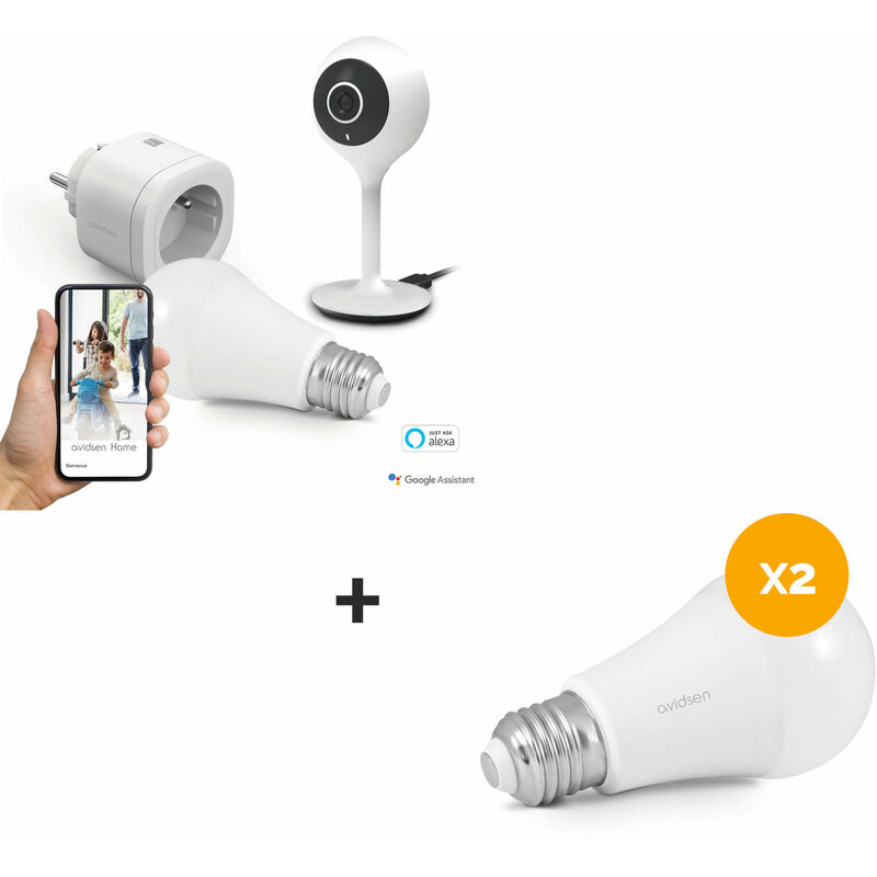 Kit Start Connect Avidsen Home (prise connectée + caméra connectée fixe + ampoule connectée) - Prise connectée + caméra connectée motorisée + 3