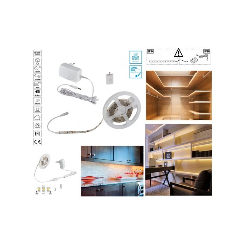 Image of Trade Shop - Kit Striscia Led Con Tasto Interruttore Touch Dimmer Bianco Caldo 3000k 7,5 Watt