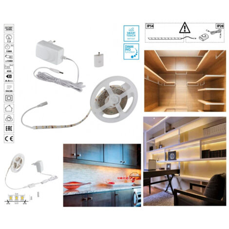Kit Striscia Led With Interruttor Touch Dimmer Bianco Caldo 3000k 7.5 Watt