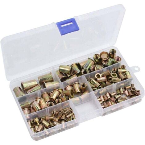 Kit surtido de 150 tuercas remachables M3, M4, M5, M6, M8 y M10 con insertos de rosca de acero al carbono galvanizado. 150 tuercas remachables de cabeza plana de 9 mm, 11 mm, 13 mm, 15 mm, 18 mm y 21