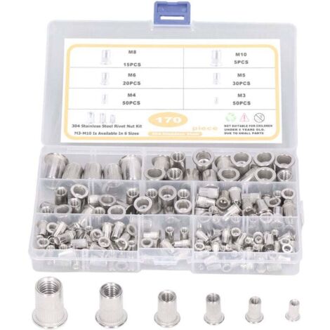 Kit surtido de 170 piezas de remaches de acero inoxidable para tuercas, remaches roscados de cabeza plana, M3, M4, M5, M6, M8 y M10.
