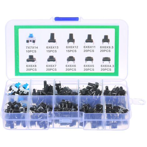 Kit surtido de 180 microinterruptores pulsadores táctiles momentáneos, 10 valores, 6 x 6 mm, 4 pines.