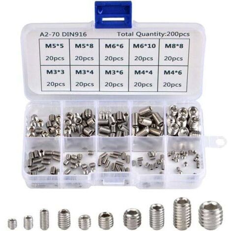 Kit surtido de 200 tornillos Allen de cabeza hexagonal, 10 tipos de tornillos de cabeza hueca hexagonal M3 M4 M5 M6 M8 de acero inoxidable para uso en tiendas, garajes y hogares.