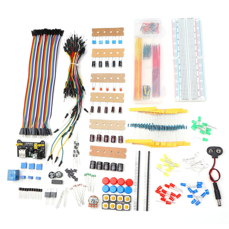 

Kit surtido de componentes electronicos con placa de pruebas, cables de puente, resistencia, transistor, potenciometro LED, zumbador,Multicolor, con