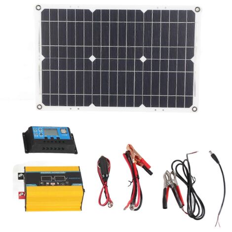 Kit système d'onduleur solaire 2024 : onduleur à onde sinusoïdale modifiée 300 W, panneau solaire 18 W 18 V, contrôleur solaire 30 A 12 V/24 V, jaune, 12 V à 220 V