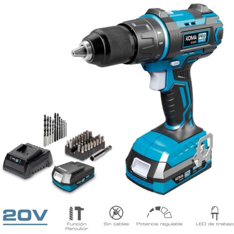 Kit taladro percutor/atornillador, 20V, con 2 baterías 2.0Ah y cargador  Koma Tools Pro Series Battery 08750