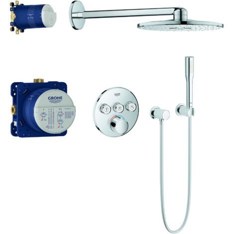 KIT TERMOSTATO EMPOTRADO CON 3 LLAVES GROHE BUNDLE 2 , INCLUYE:Grohtherm SmartControl set de instalación,GROHE Rapido SmartBox,Conjunto de ducha mural Rainshower,Teleducha Euphoria Cube Stick, SmartActive Cube Y ducha mural con 2 chorros, brazo de ducha m