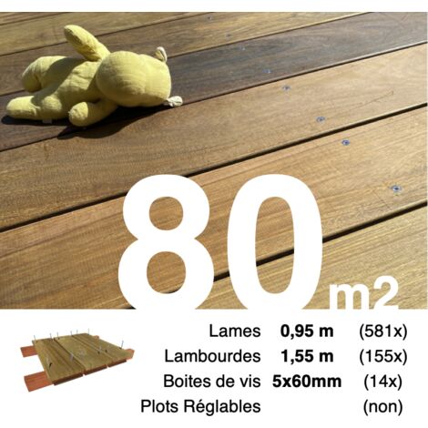 Kit terrasse bois exotique IPE pour 80 m² • Lames 0,95 m, lambourdes 1,55 m et visserie Inox • Livraison gratuite