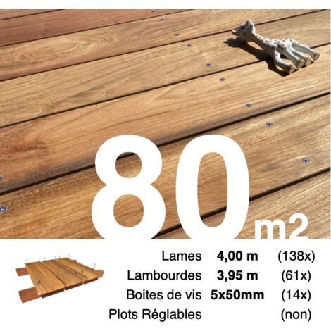 Kit terrasse bois exotique JATOBA pour 80 m² • Lames 4 m, lambourdes 3,95 m et visserie Inox • Livraison gratuite