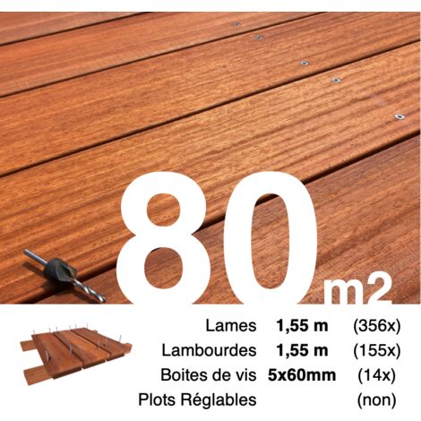 Kit terrasse bois exotique PADOUK pour 80 m² • Lames 1,55 m, lambourdes 1,55 m et visserie Inox • Livraison gratuite