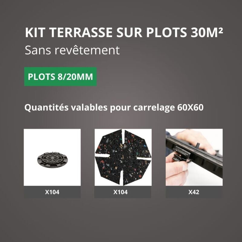 Jouplast - Kit Terrasse sur Plots Sans Revêtement 30M² - Sans Profilé - 8/20 mm
