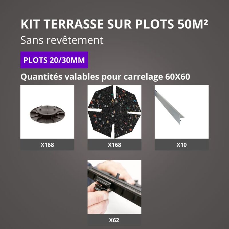 Jouplast - Kit Terrasse sur Plots Sans Revêtement 50M² - Finition Gris Aluminium - 20/30 mm